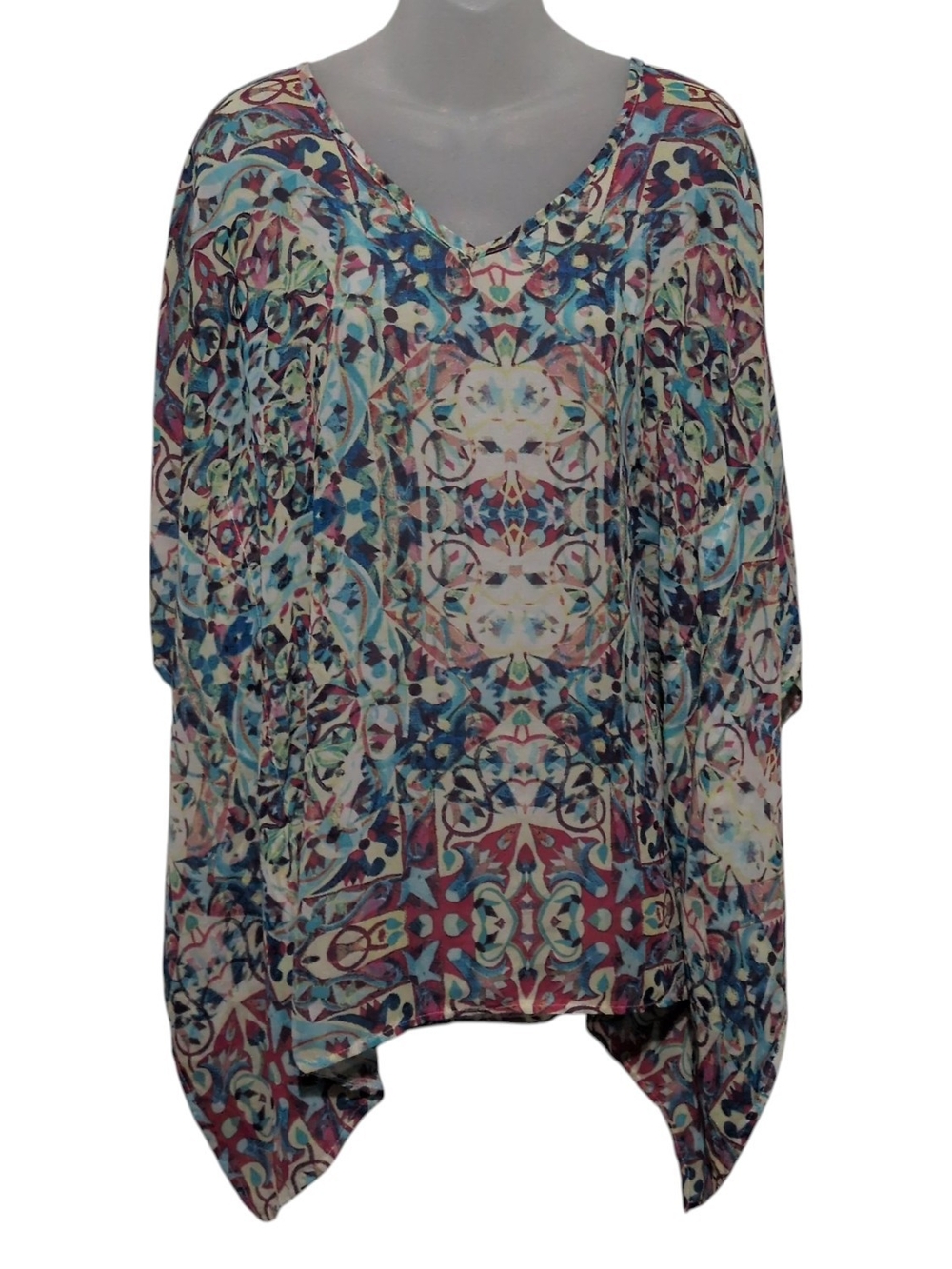 Kaktus Kaftan Tunic Top S/M Semi Sheer Kaleidoscope Geometric Boho Festival